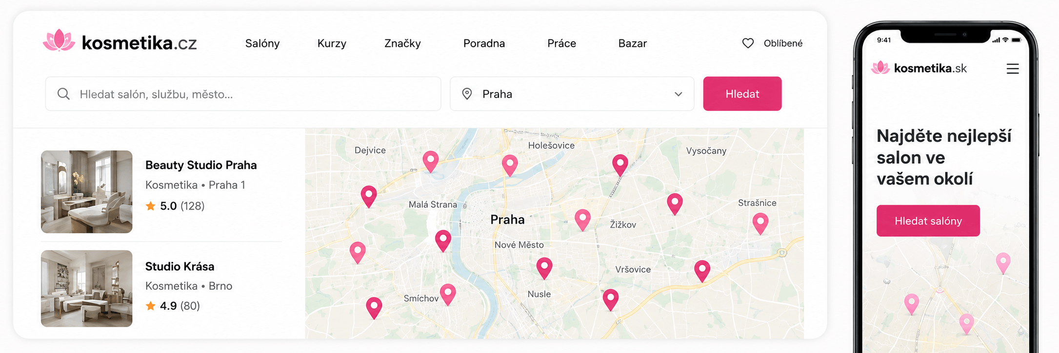 Náhled připravované platformy: vyhledávání salónů na mapě s výpisem hodnocení a mobilní verze kozmetika.sk